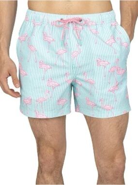 Party Pants Men's Seersucker Swim Trunks in Mint with Pink Flamingo Print XL